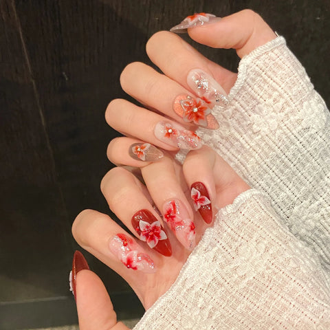 10pcs Hand Carved 3D Devil Flower Press On Nails Gradient Rose Pink Almond Handmade False Nails Shiny Sequins Summer Fake Nail