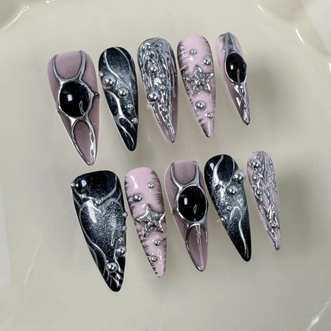 10 uñas postizas largas de ballet, estilo barroco, hechas a mano, con degradado rosa y plateado, estilo almendrado. 