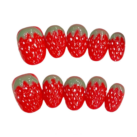 10 uñas postizas de fresa roja, hechas a mano, cortas y redondas, brillantes, con efecto ojo de gato, para usar. 