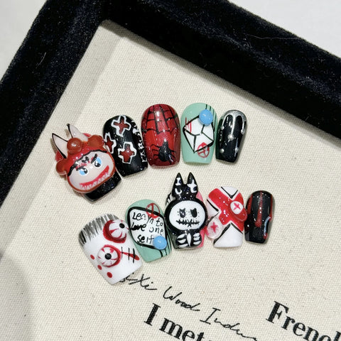 10 Stück Halloween-Thema Falsche Nagelspitzen 3D Teufel Liebe Herz Designs Aufdrücken Nägel Rosa Rosa Kurze Runde Handgemachte Gefälschte Nägel Kunst 