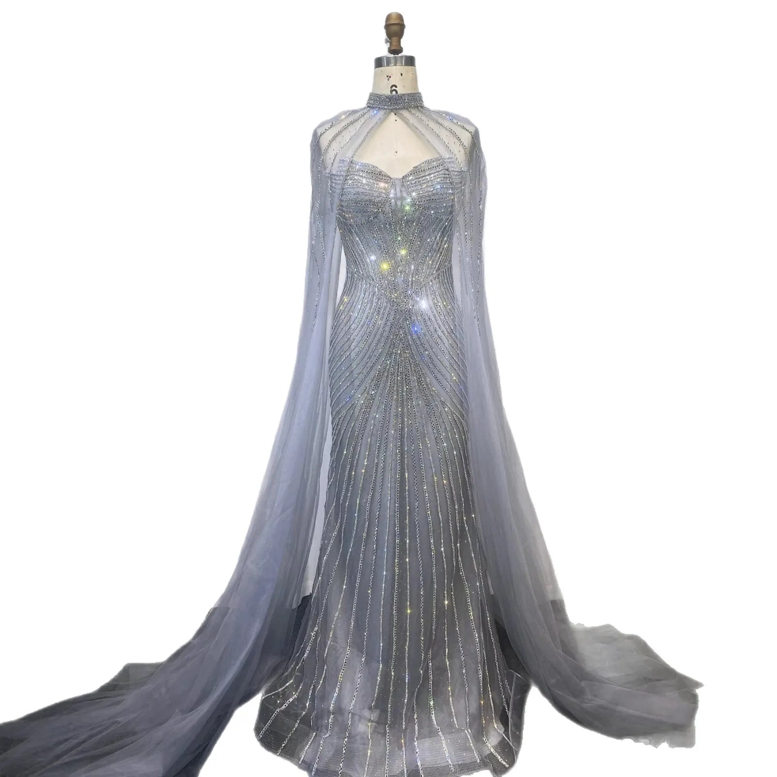 Luxuriöses, nudefarbenes Meerjungfrauen-Abendkleid mit Cape-Ärmeln LA73118