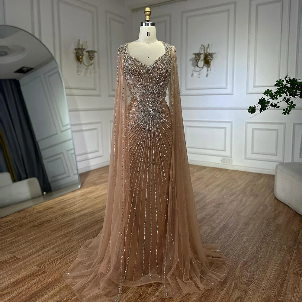 Dubai Luxus-Abendkleid mit hautfarbenen Cape-Ärmeln und Perlenbesatz LA72575A