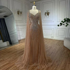 Dubai Luxus-Abendkleid mit hautfarbenen Cape-Ärmeln und Perlenbesatz LA72575A