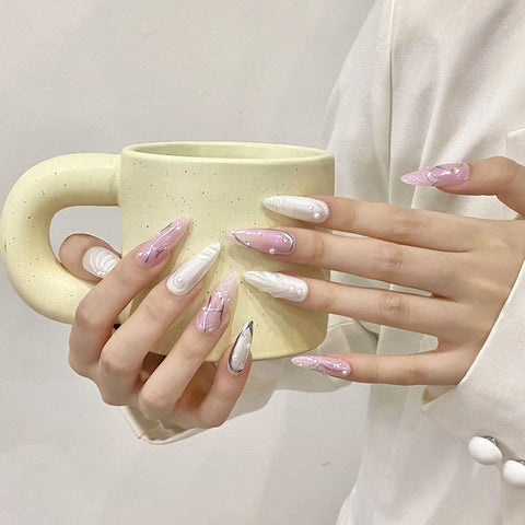 10 uñas postizas largas de almendra, hechas a mano, con diseño de ojo de gato, color rosa y blanco, con diseños de perlas, parches para uñas postizas fáciles de usar. 