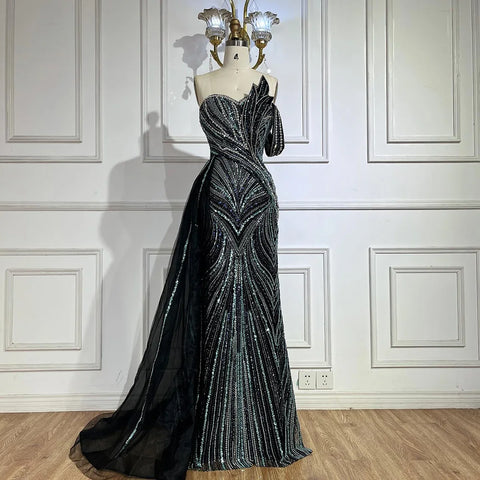 Luxury Dubai  Arabic Blue One Shoulder Luxury Dubai Evening Gown with Side Overskirt Beaded Dress for Women's Party LA72662