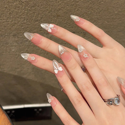 10 uñas postizas hechas a mano, color nude, rosa ruborizado, brillantes, estilo ojo de gato, con diseños de lazo, uñas postizas francesas, reutilizables. 