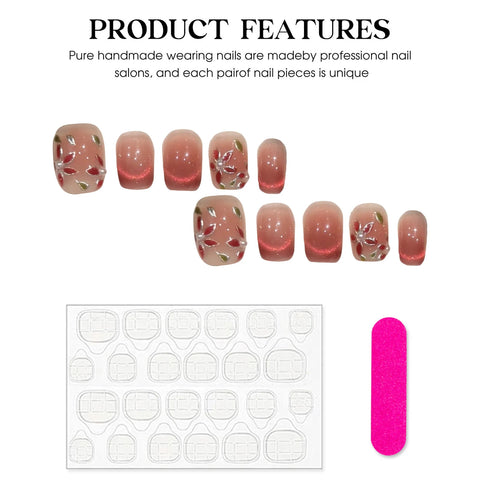 10 uñas postizas de ojo de gato rosa brillante, pintadas a mano, con diseño de flor de pera, cobertura completa, estilo coreano, fáciles de usar. 