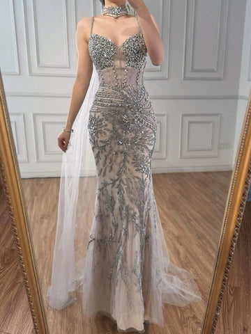 Luxury Evening Dress Grey Beaded With Cape Prom Gown LA73342