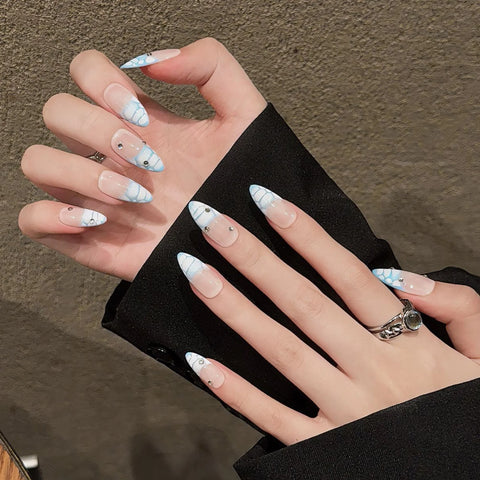 10 uñas postizas hechas a mano con estampado de cocodrilo, estilo francés, cobertura completa, almendra, para mujer. 