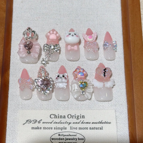 10pcs Handmade Press On Nails Four Color French Style Long-poined False Nails Metal Bows Diamond Cute Cartoon Decor Fake Nail