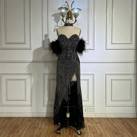 Luxury Silver Nude Mermaid Evening Dress with Beaded Tassel LA72083