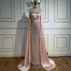 Luxuriöses rosa Abendkleid mit arabischen Perlen und Cape LA73051