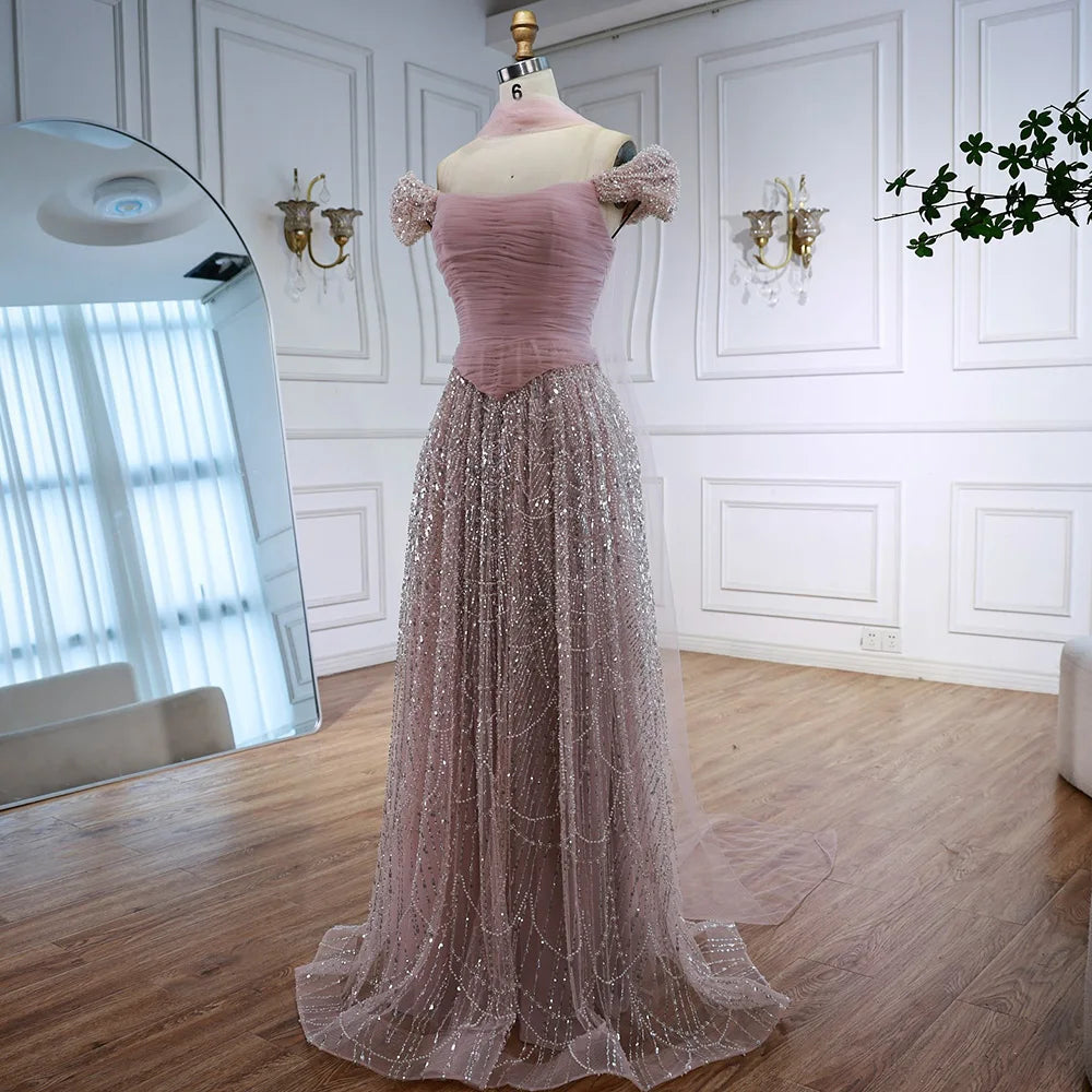 Vestido de noche árabe de lujo con cuentas de perlas rosas y capa LA72922