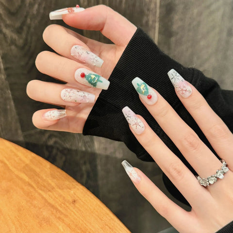 10pcs Handmade Christmas Press On Nails Glossy White Silver Snowflake Xmas Tree Bows Design False Nails Gentle Wearable Manicure