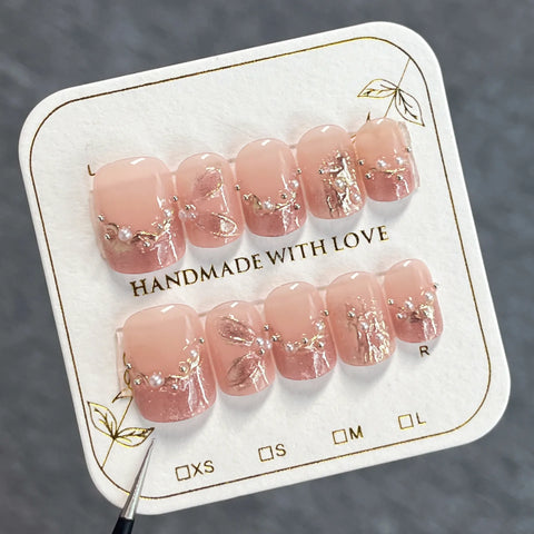 10pcs Short Round Head Handmade False Nails Pink French Style Cat's Eye Press On Nails With Pearl Rhinestone Designs Fake Nail