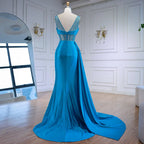 Blaues Ballkleid mit seitlichem Überrock und Spaghettiträgern LA73011