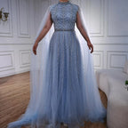 Luxuriöses, elegantes, pinkfarbenes Abendkleid mit Perlenbesatz und Cape LA73033 
