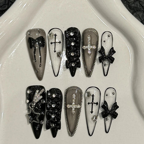 10pcs Handmade Press On Nails Dark Black Long Stiletto 3D Bowknots Rhinestone Decor False Nails Sweet Cool Manicure For Women