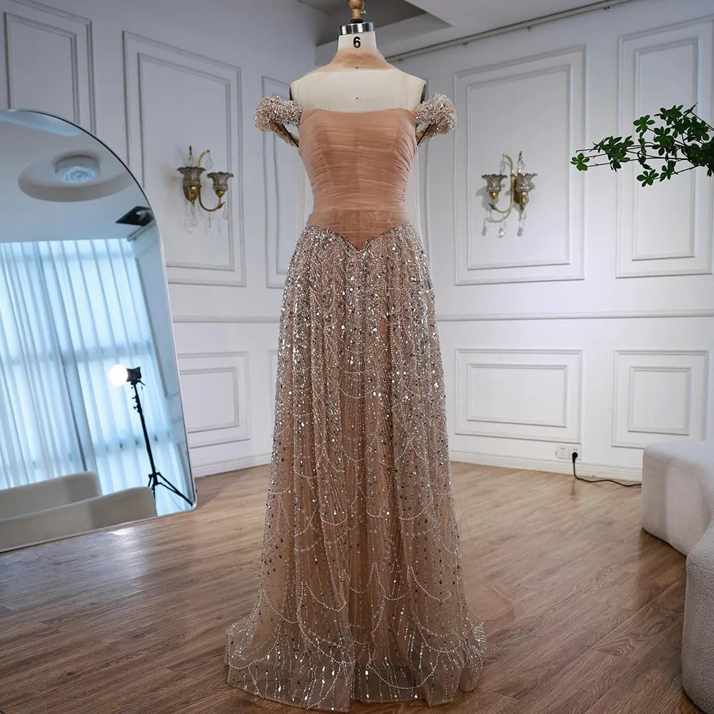 Vestido de noche árabe de lujo con cuentas de perlas rosas y capa LA72922