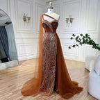 Vestido de noche de sirena de lujo verde con un solo hombro y capa LA72472