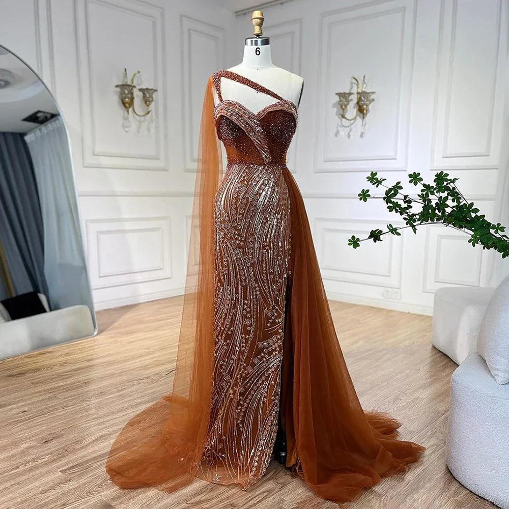 Vestido de noche de sirena de lujo verde con un solo hombro y capa LA72472