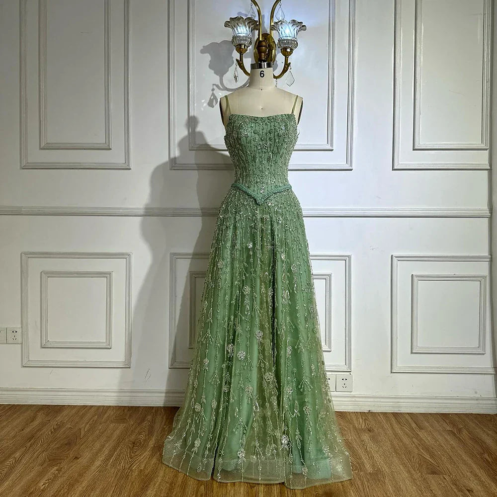 Vestido de noche de lujo verde salvia con cuentas, corte A y tirantes finos LA72805 