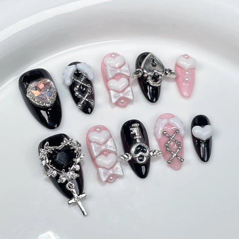 10 Stück Blush Pink Fake Nail Patches Handgemachte Perle Liebe Herz Press On Nails Planet Cross Designs Abnehmbare Mandel 