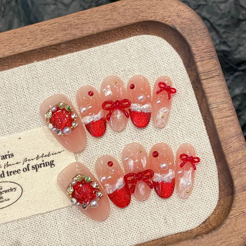 10 Stück Blush Pink Fake Nail Patches Handgemachte Perle Liebe Herz Press On Nails Planet Cross Designs Abnehmbare Mandel 