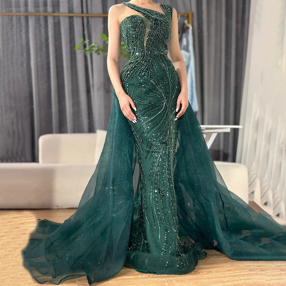 Luxury Dubai   Nude Mermaid Green Evening Gown with Elegant One Shoulder Overskirt for Formal Occasion LA72031A