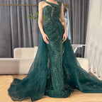 Luxury Dubai   Nude Mermaid Green Evening Gown with Elegant One Shoulder Overskirt for Formal Occasion LA72031A