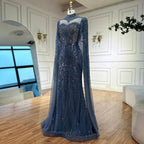 Vestido de noche de sirena azul de lujo con capa LA73006