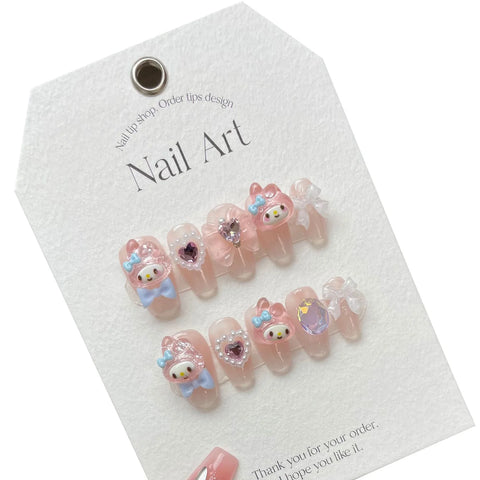 10 Stück handgemachte Press-On-Nägel, hellrosa, süßes Cartoon-Dekor, falsche Nagelflecken, 3D-Bögen, Perlendesign, koreanische gefälschte Nagelspitzen 