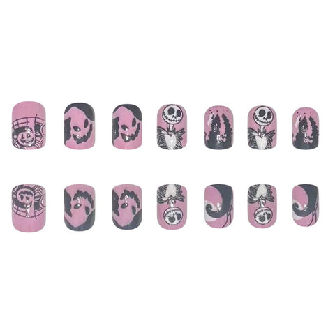 24 uñas postizas de Halloween con diseño de novia fantasma rosa, parches de dibujos animados, puntas cuadradas cortas. 