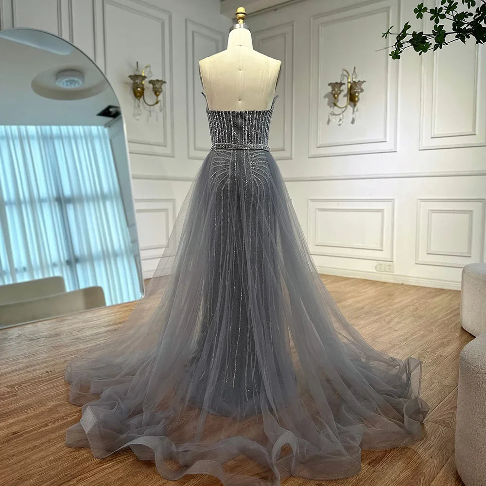 Abendkleid im arabischen Meerjungfrauenstil mit rosa Perlen und Überrock, besetzt mit rosa Perlen, LA72811B