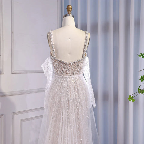 Luxury Lace Pearls Mermaid Evening Dress With Glove White Nude LA72345E