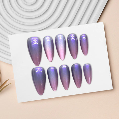 10 Stück glänzende Katzenaugen-Pressnägel in Nude-Lila-Farbe, tragbar, mandelförmig, handgefertigt, künstliche Nägel, tägliche Party-Maniküre für Frauen 