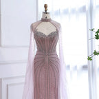 Luxuriöses, karamellfarbenes, perlenbesetztes Abendkleid mit Cape aus Dubai LA72811C