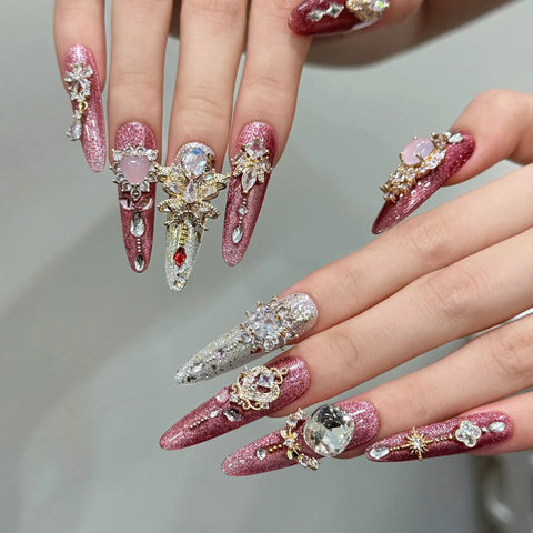 10pcs Romantic Flash Pink Handmade False Nails Luxury Full Shiny Crystal Rhinestone Press On Nails Spicy Girl Fake Nail Wearable