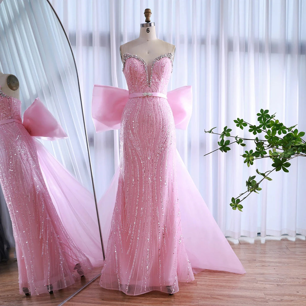 Luxuriöses Dubai-Abendkleid in Rosa mit Schleife LA73061A