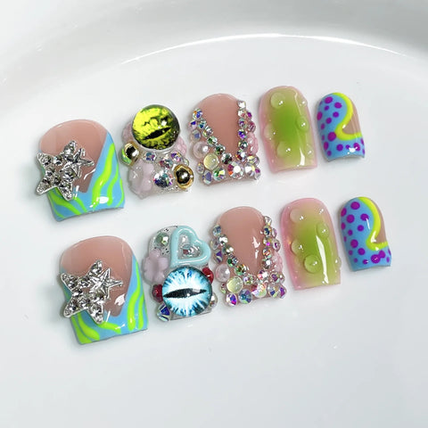 10pcs Gradient Blue Summer Fake Nails Glossy Cat's Eye 3D Flower Shiny Diamond Press On Nail Blush Duckbill Handmade False Nail