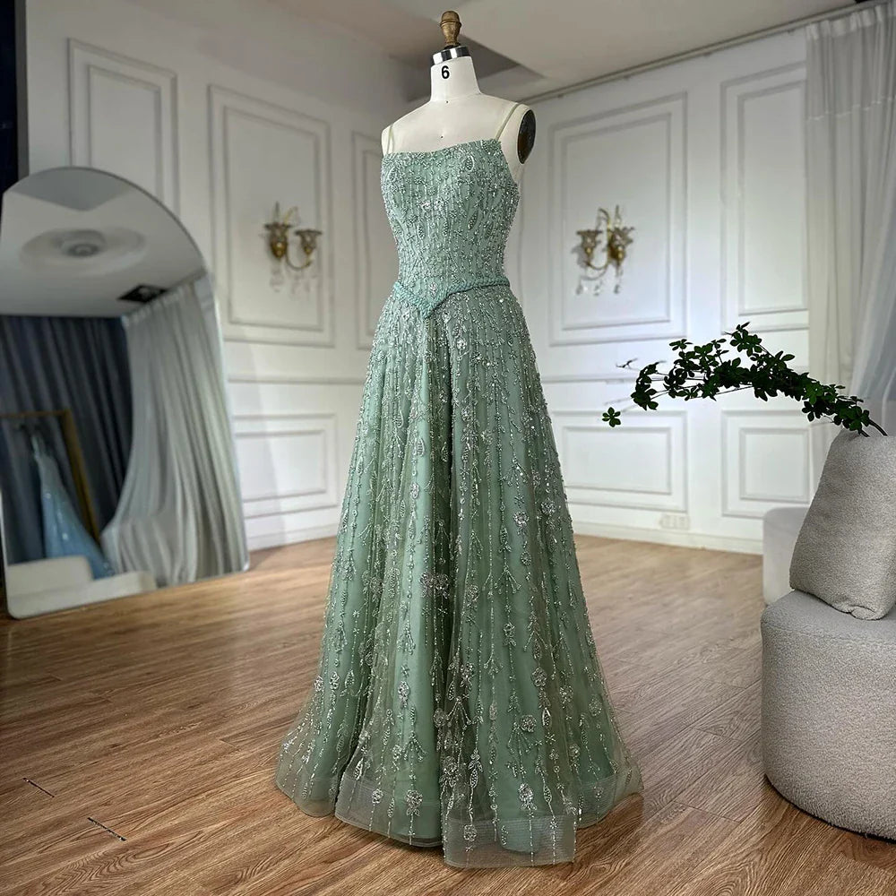 Vestido de noche de lujo verde salvia con cuentas, corte A y tirantes finos LA72805 