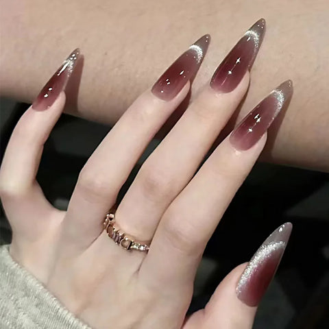 24 parches de uñas postizas largas y puntiagudas, brillantes, negras oscuras, modernas y usables, de color sólido, cobertura total. 
