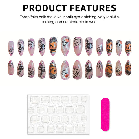 24 parches de uñas postizas rosa claro con diseño de calabaza, telaraña, calavera de terror, uñas postizas de Halloween, manicura usable 