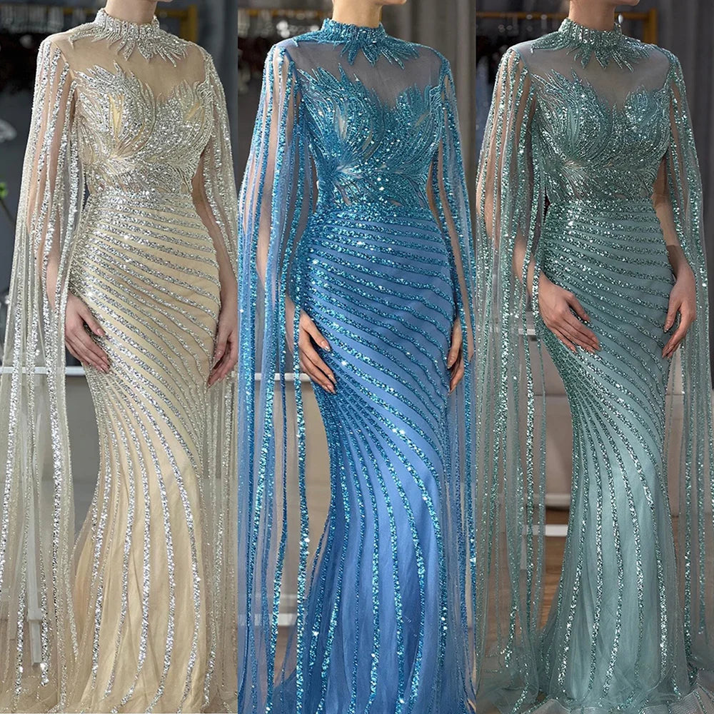 Luxuriöses arabisches Meerjungfrauen-Abendkleid in Nude mit Cape aus Dubai LA71885B 