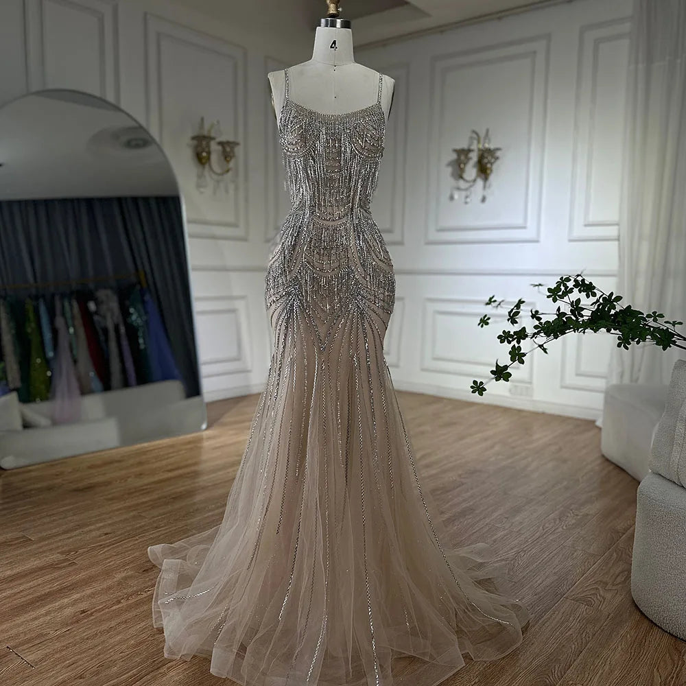 Luxuriöses, nudefarbenes, rosafarbenes Meerjungfrauen-Abendkleid mit Kristallquasten LA72772