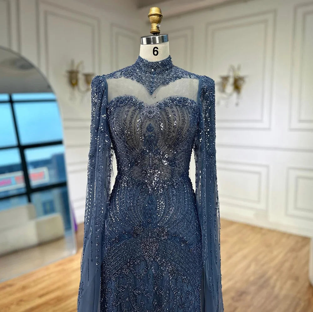 Vestido de noche de sirena azul de lujo con capa LA73006