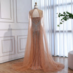 Luxuriöses, nudefarbenes Meerjungfrauen-Abendkleid mit Cape-Ärmeln LA73118