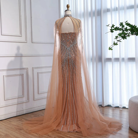 Luxury Nude Mermaid Evening Dress with Cape Sleeves LA73118