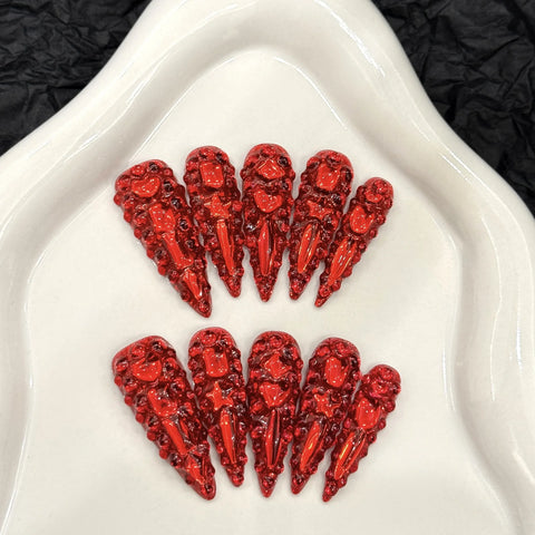 10pcs Full Shiny Rhinestone Press On Nails Handmade Red Long Stiletto Luxury False Nails Full Cover Y2k Fake Nail For Summer