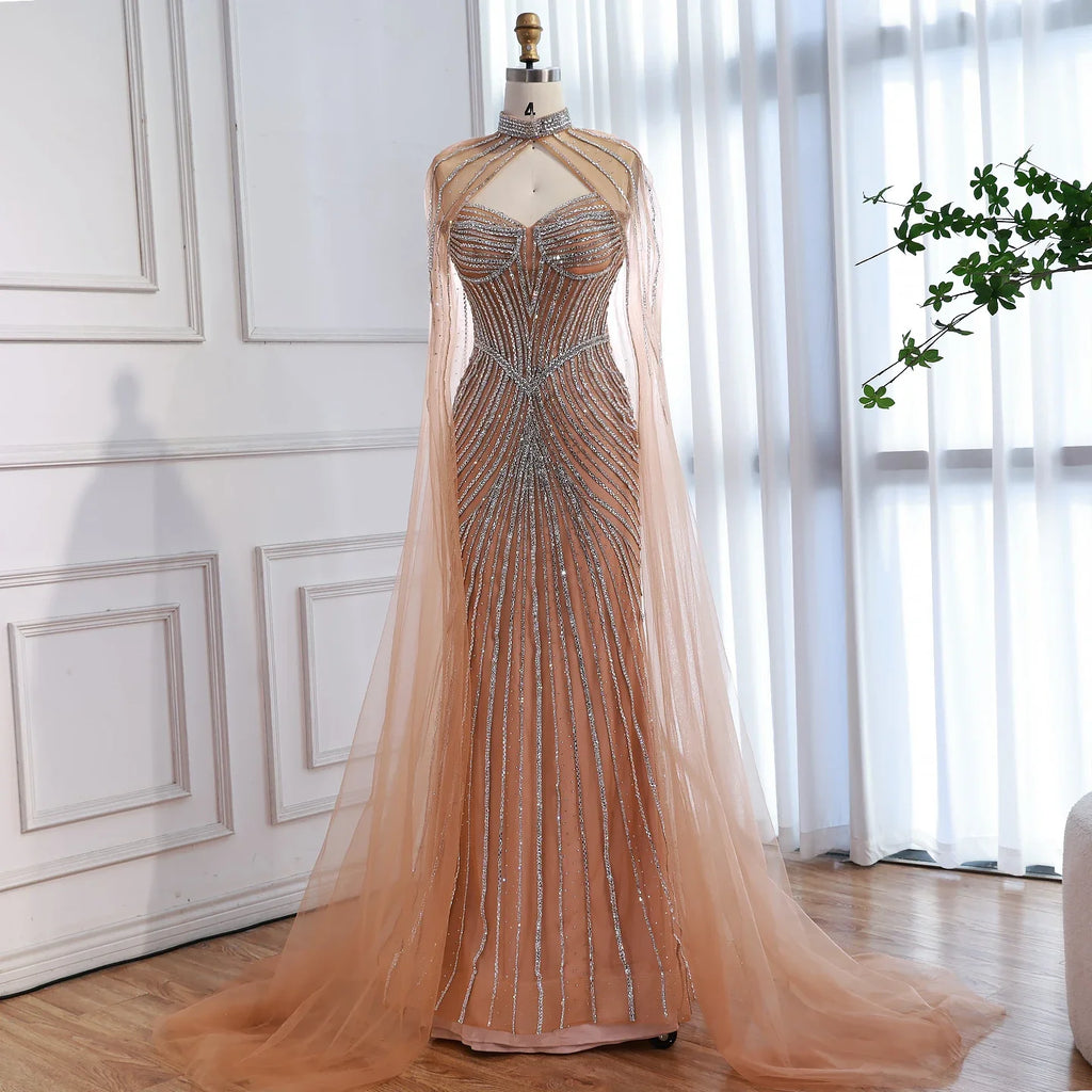 Luxuriöses, nudefarbenes Meerjungfrauen-Abendkleid mit Cape-Ärmeln LA73118